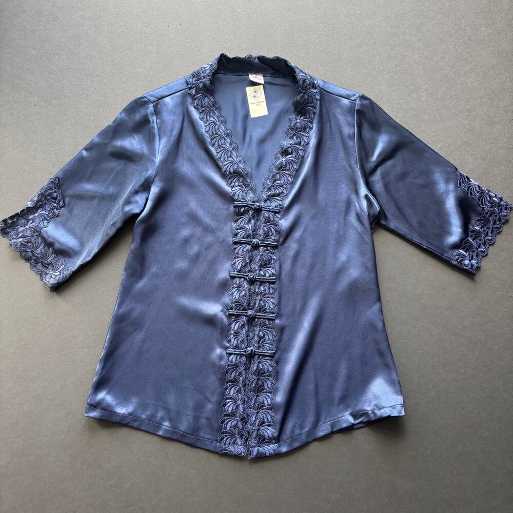 Vintage Navy blue silk blouse with lace trim and button-up front